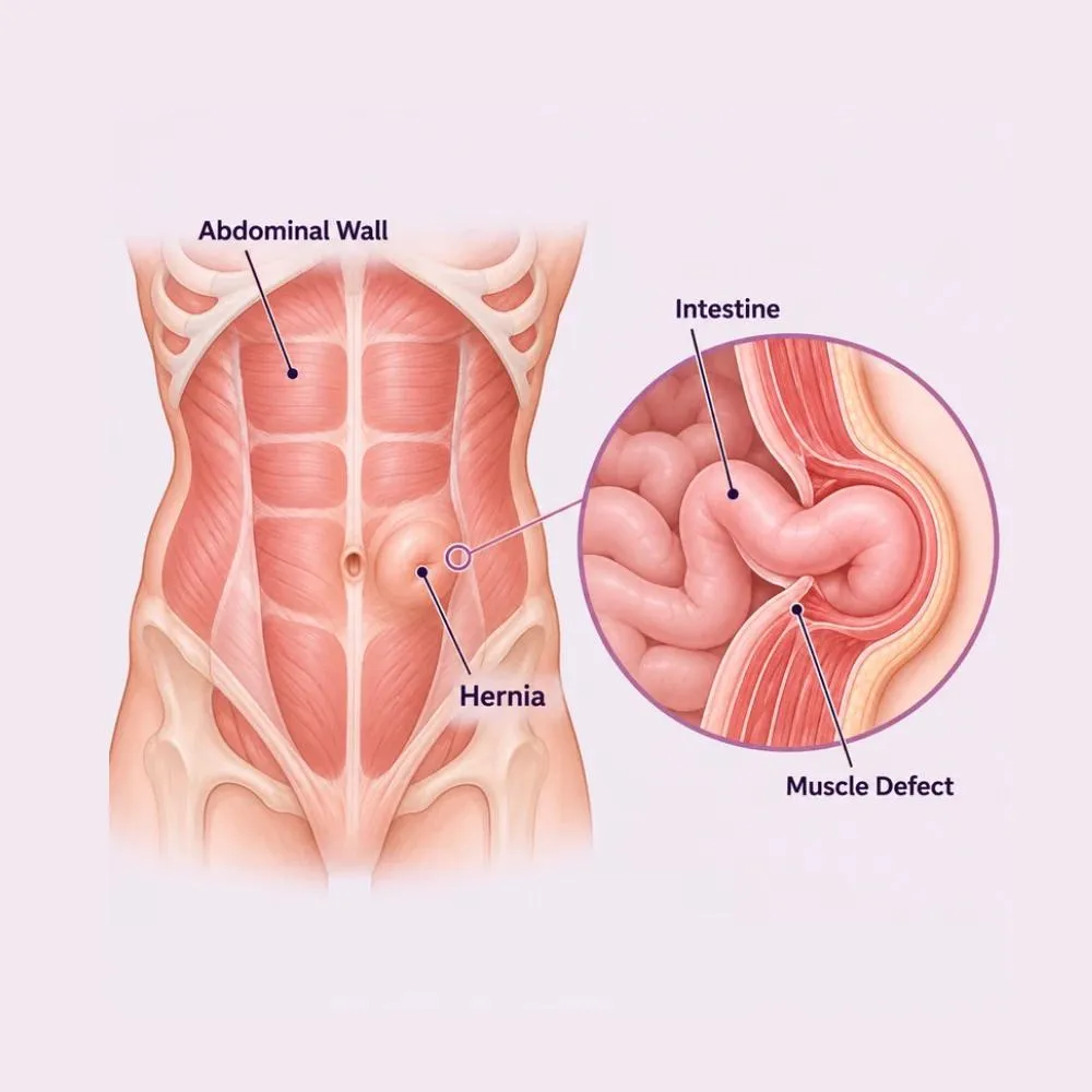 Labelled medical illustration of Hernia