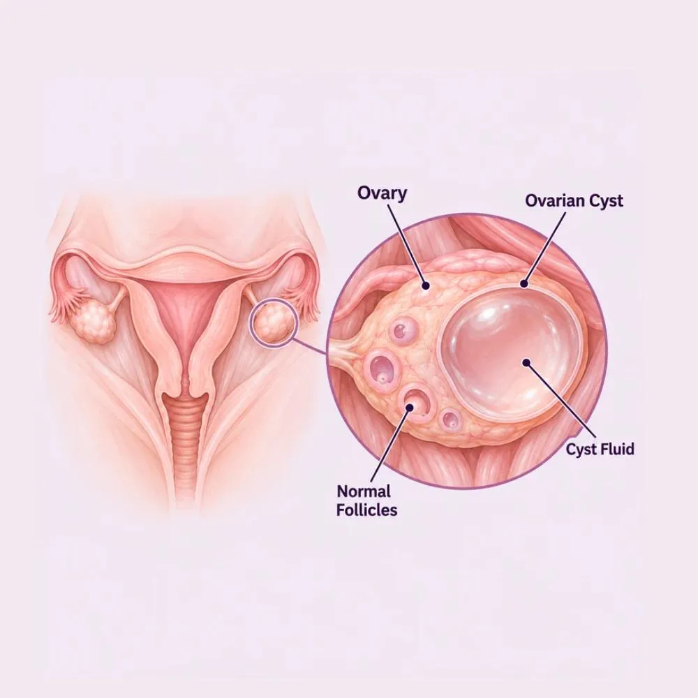 Labelled medical illustration of Ovarian Cyst