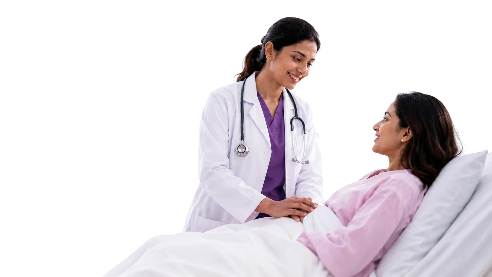 A smiling doctor holding the hand of a patient resting in a hospital bed