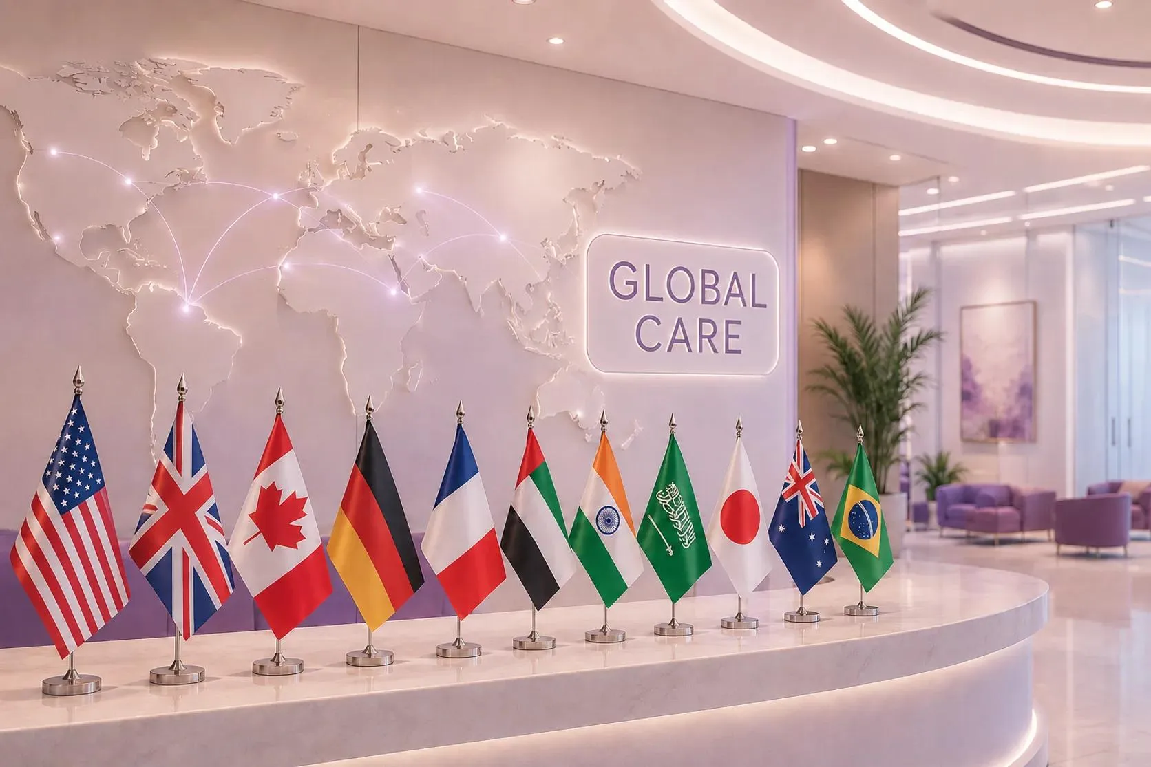 International patient desk with flags of many countries in front of a world map and a Global Care sign