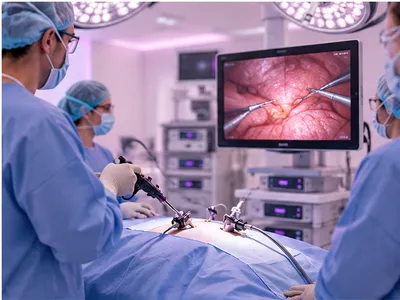 A surgical team performing laparoscopic surgery, guided by the camera view on a monitor