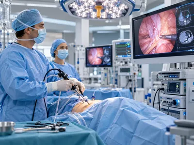 A surgical team performing laparoscopic surgery, guided by the camera view on the theatre monitors