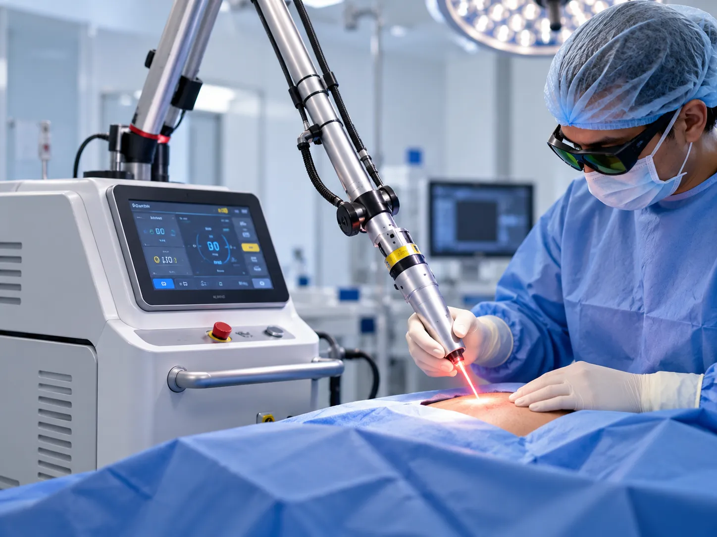 A surgeon in protective eyewear treating a patient with a laser handpiece