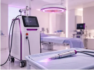 A laser treatment unit beside a treatment bed, its handpiece emitting a focused beam
