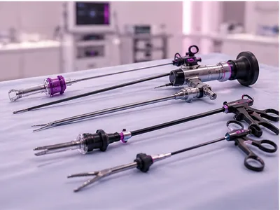 Laparoscopic instruments and a surgical scope laid out on a sterile drape