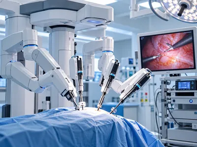 Surgical instruments working through small keyhole incisions, with the camera view on a monitor