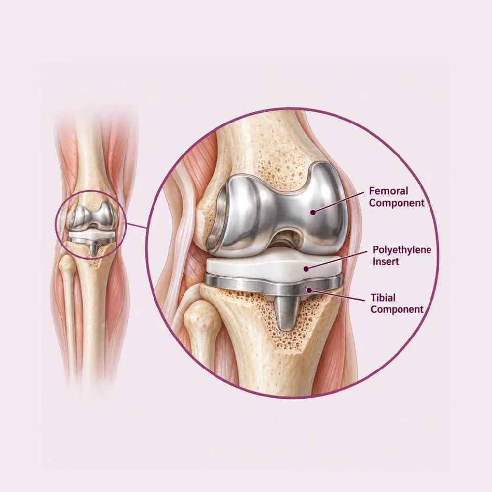 Labelled medical illustration of Knee Replacement