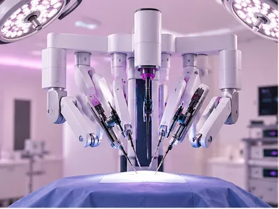 A robotic surgical system with its instrument arms positioned over a patient in the operating theatre