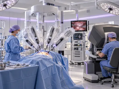 A surgeon operating a robotic surgical system from its console while the team assists at the patient's side