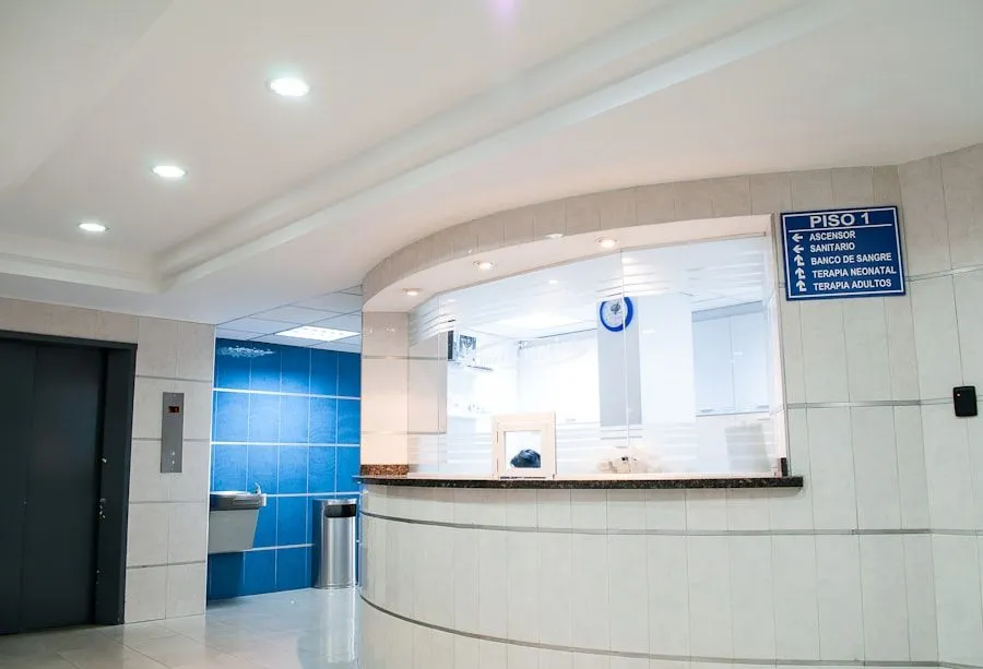 Hospital reception desk beside the lifts