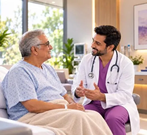 A Lux Hospitals doctor talking with an elderly patient