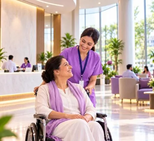 A Lux Hospitals nurse assisting a patient in a wheelchair in the hospital lobby